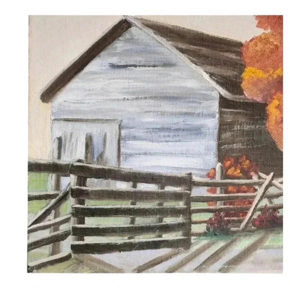 Vintage Mid-Century Painting Fall Autumn Landscape Barn Tree Signed 20x16 in - Picture 8 of 14
